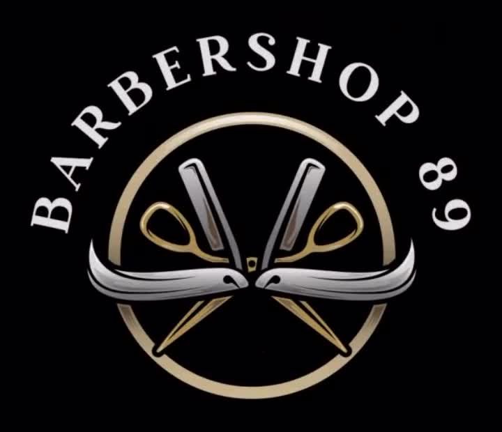 Barbershop 89 logo: crossed scissors and razors inside a gold ring